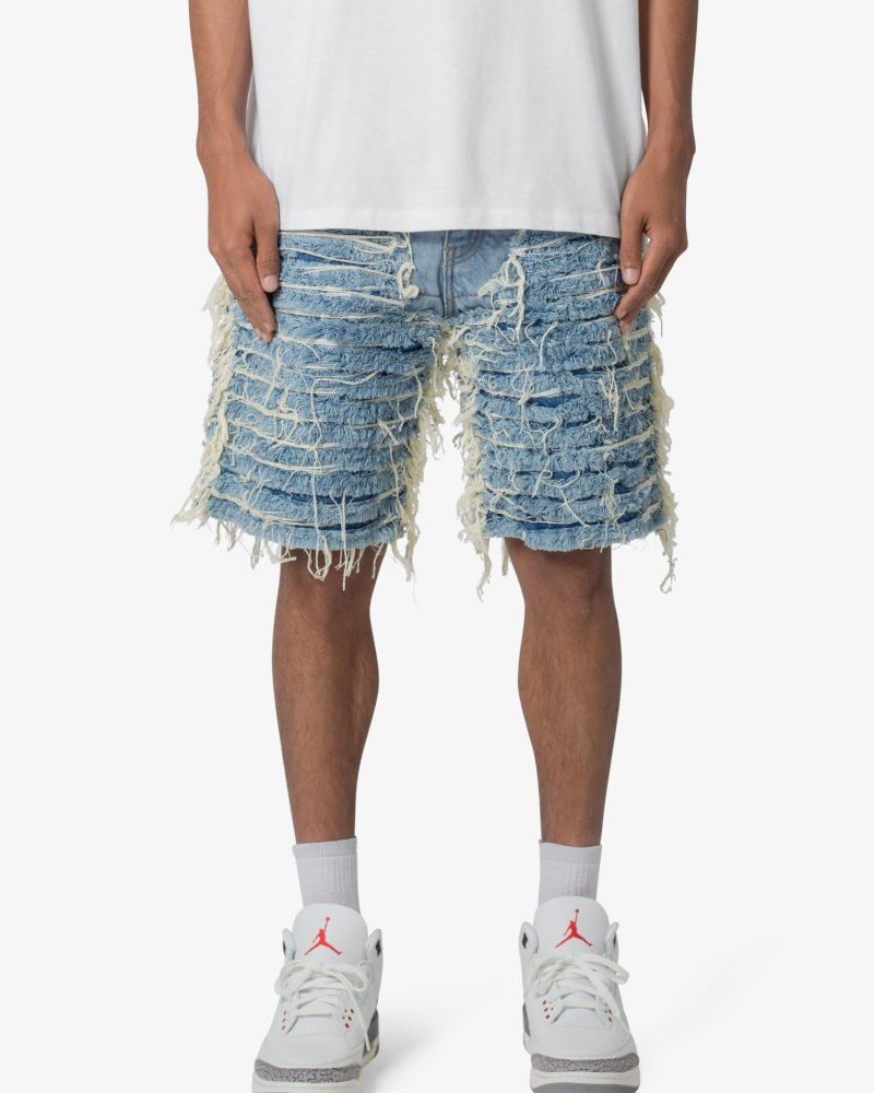 Allover Frayed Denim Shorts - Blue