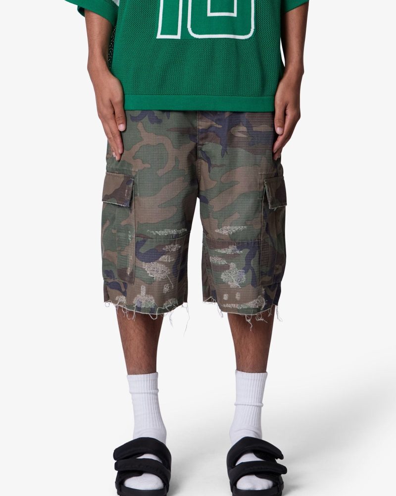 Baggy Distressed Cargo Shorts - Washed Camo