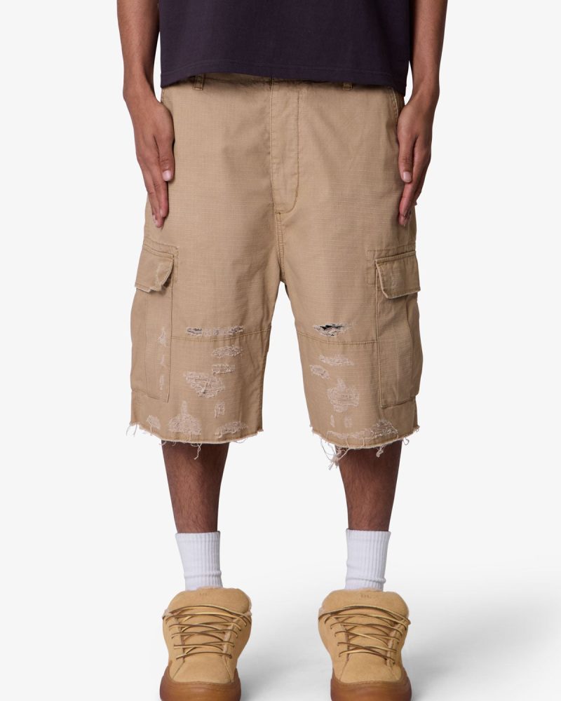 Baggy Distressed Cargo Shorts - Washed Khaki