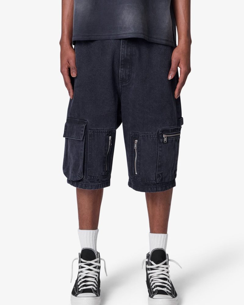 Baggy Zipper Denim Shorts - Black