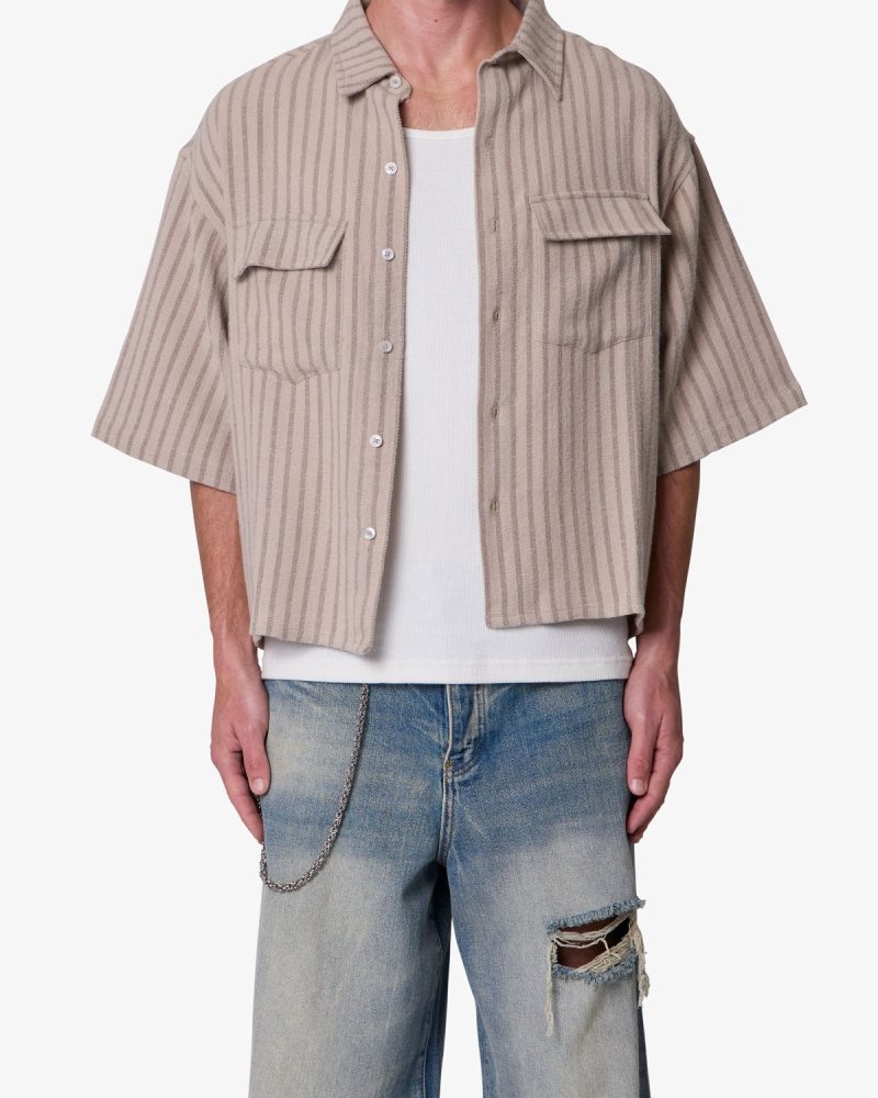 Cropped Boxy Striped S/S Shirt - Khaki