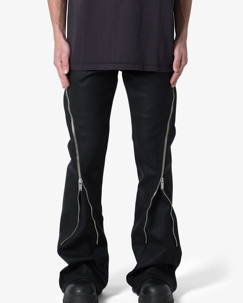 D519 Leather Zipper Flare Pants - Black