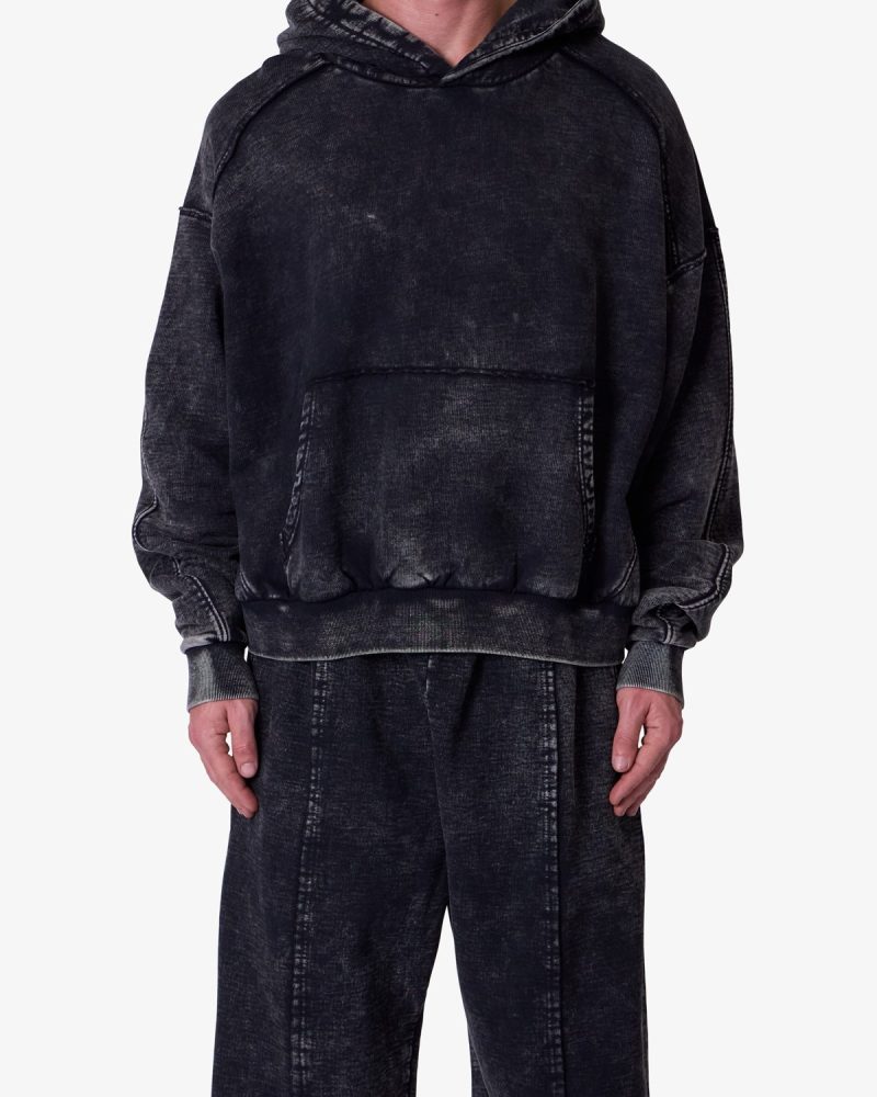 Frayed Seam Acid Wash Hoodie - Black