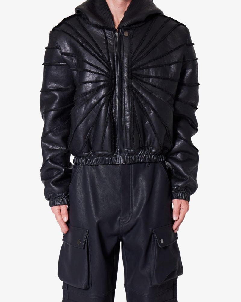 Leather Web Cropped Hoodie - Black