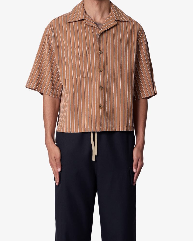 Striped Woven Cropped Shirt - Brown