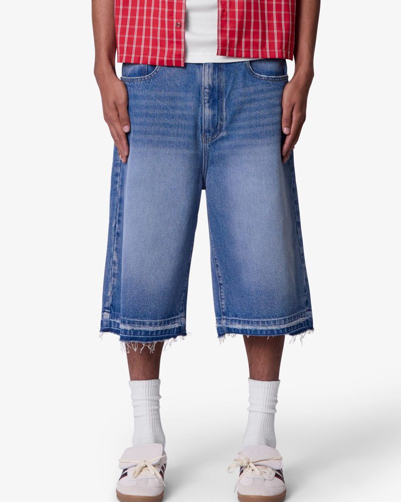 Ultra Baggy Raw Hem Denim Shorts - Washed Blue