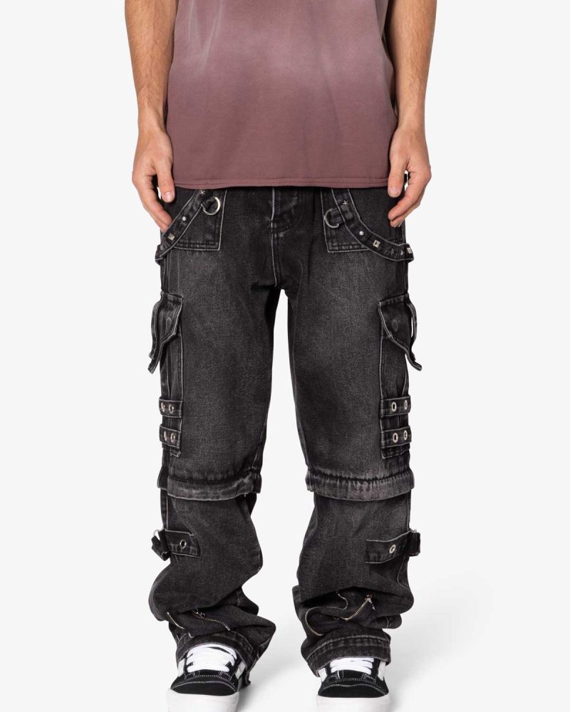 Ultra Baggy Studded Cargo Denim - Washed Black