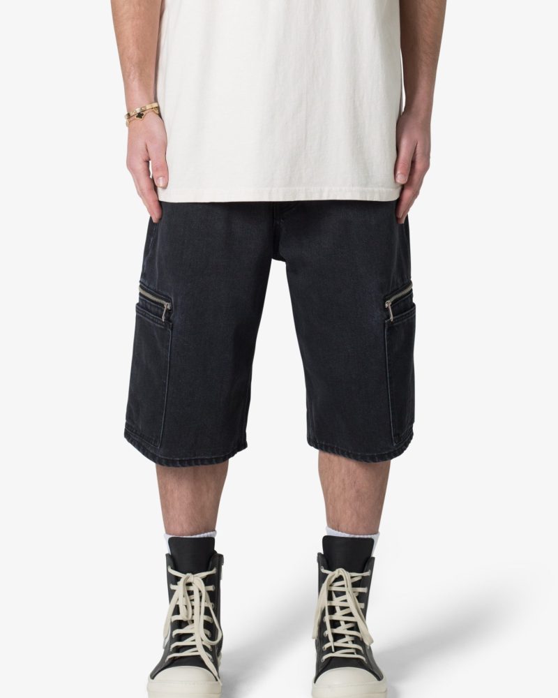 Zipper Baggy Denim Shorts - Black